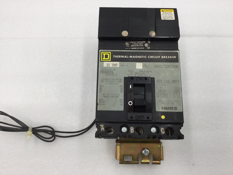 Square D FA360351021 35 Amp 3 Pole 600Vac w/120Vac Shunt Trip I Line Circuit Breaker