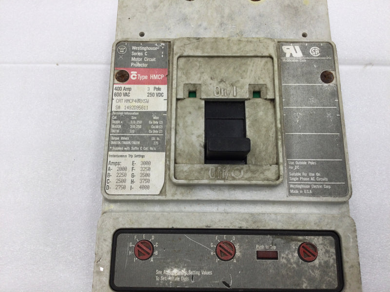 Westinghouse HMCP400X5W 400 Amp 3 Pole 600Vac Molded Case Circuit Breaker