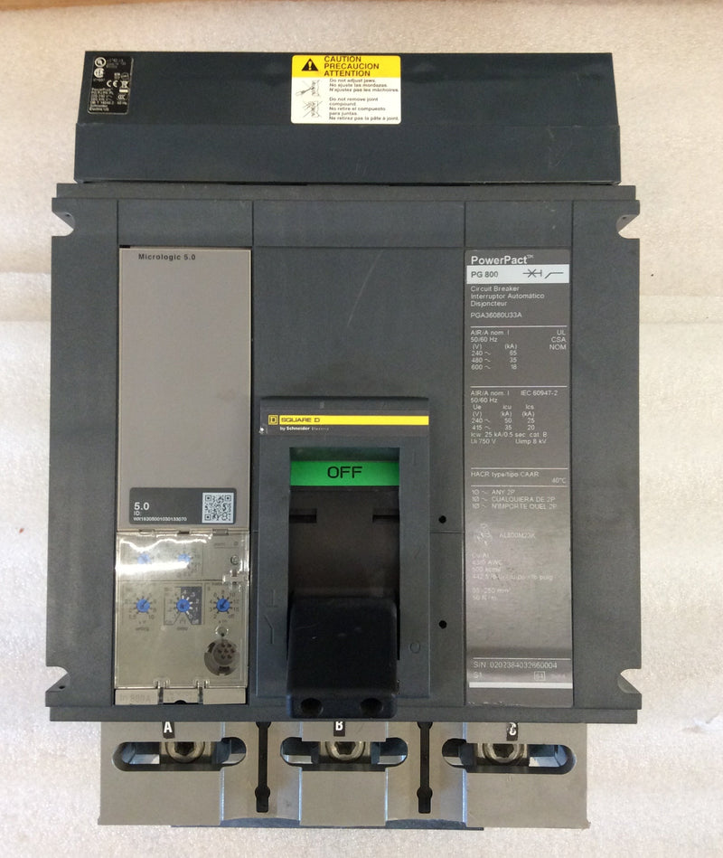 Square D PGA36080U33A 3 Pole 800A 18kA @ 600VAC Type PG800 PowerPact Circuit Breaker