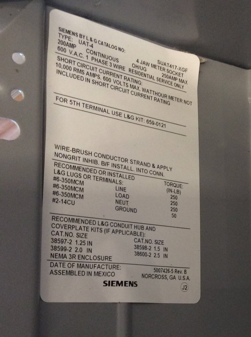 Siemens SUAT417-XGF 200A 600VAC Overhead Or Underground Feed Meter Socket