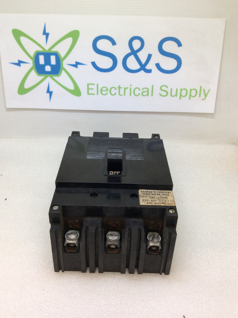 Square D 999316 3 Pole 100 Amp 600VAC Type 999 Circuit Breaker