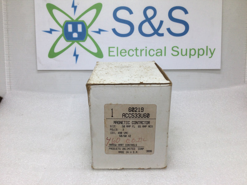 Arrow Hart ACC533U60 Magnetic Contactor Model 93 50 Amp 3 Pole 480 Vac Coil 50/60hz