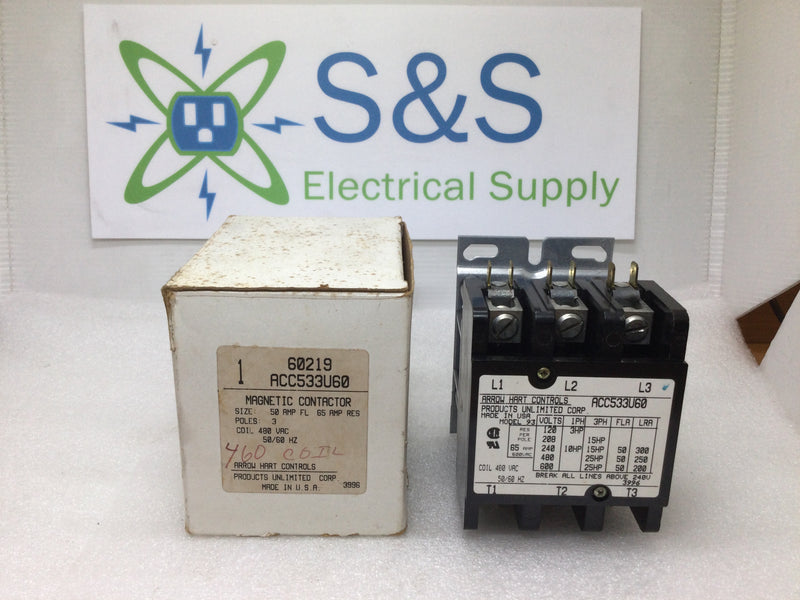 Arrow Hart ACC533U60 Magnetic Contactor Model 93 50 Amp 3 Pole 480 Vac Coil 50/60hz