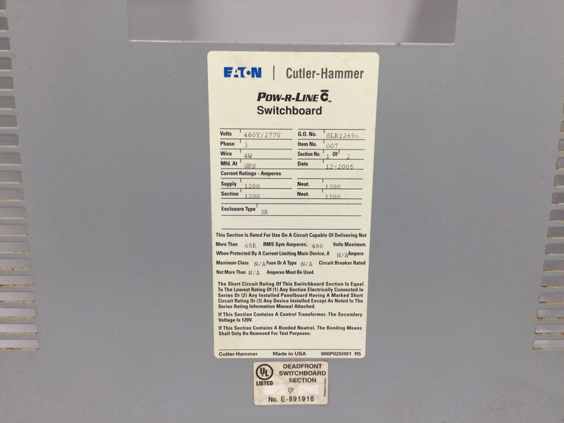 Eaton Cutler Hammer PRL3A 1200 Amp 600Vac Nema 3R 480/277v Panel Door/Cover