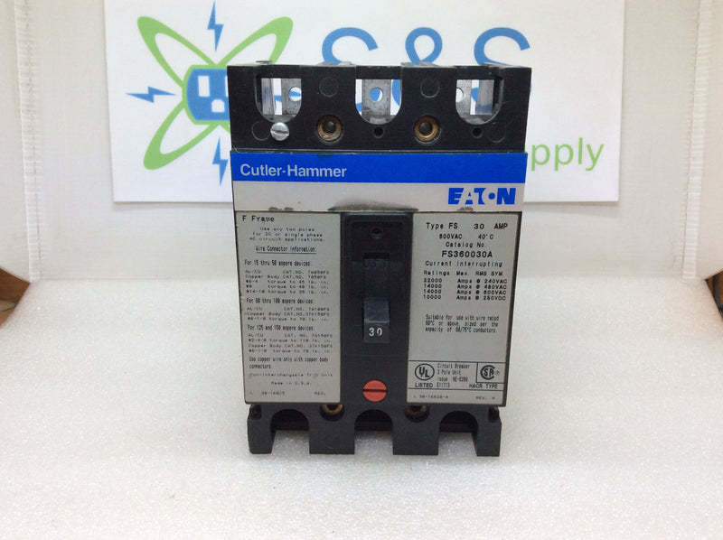 Eaton Cutler Hammer FS360030A 30 Amp 3 Pole 600vac Circuit Breaker No Lugs