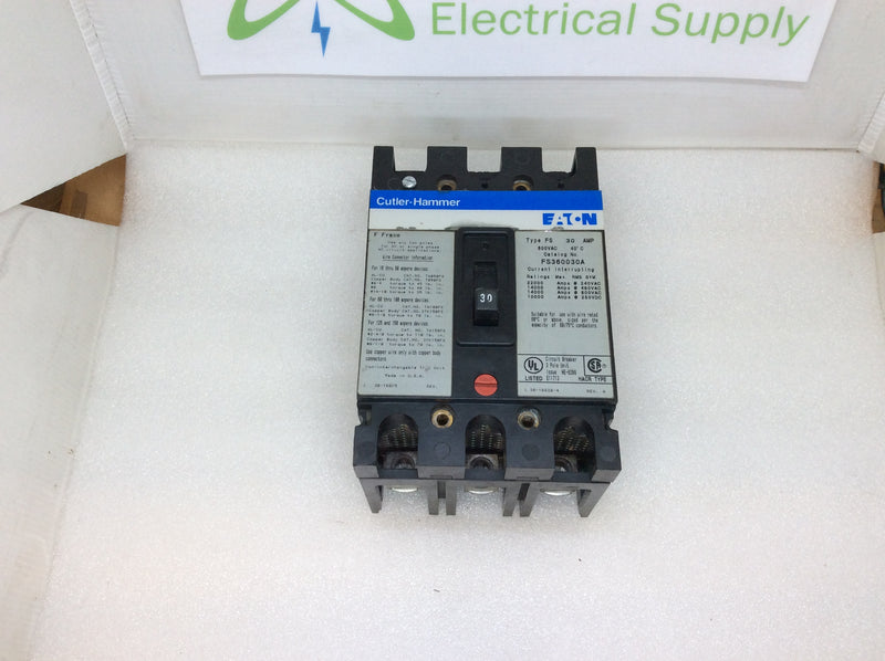 Eaton Cutler Hammer FS360030A 30 Amp 3 Pole 600vac Circuit Breaker No Lugs