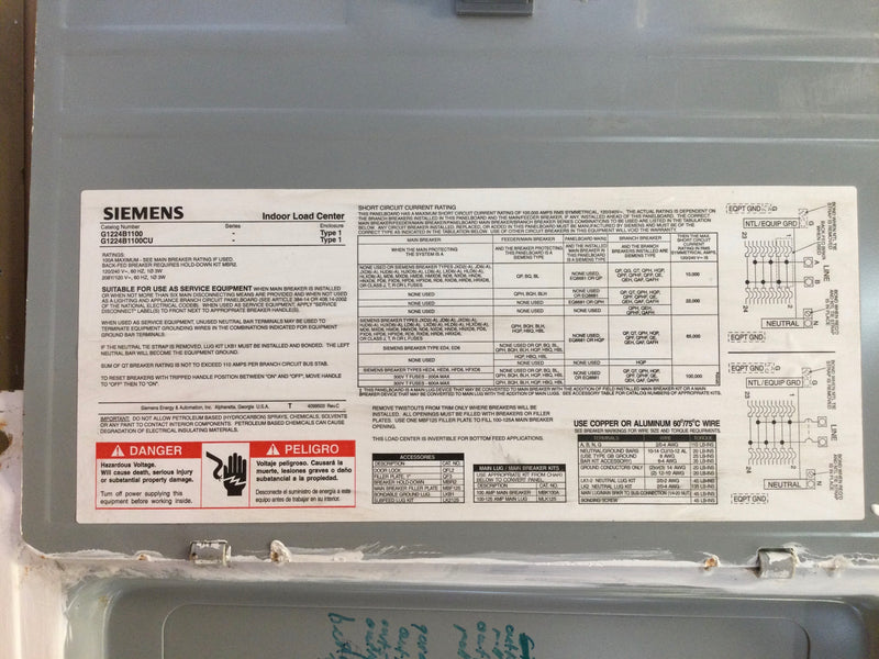 Siemens G1224b1100 100 Amp 120/240v  19" X 15.5" Load Center