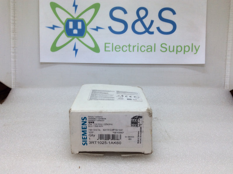 Siemens 3RT1025-1AK60 3 Phase 40A 10Hp @ 600VAC Max 110/120V Coil 50/60Hz (New Open Box)