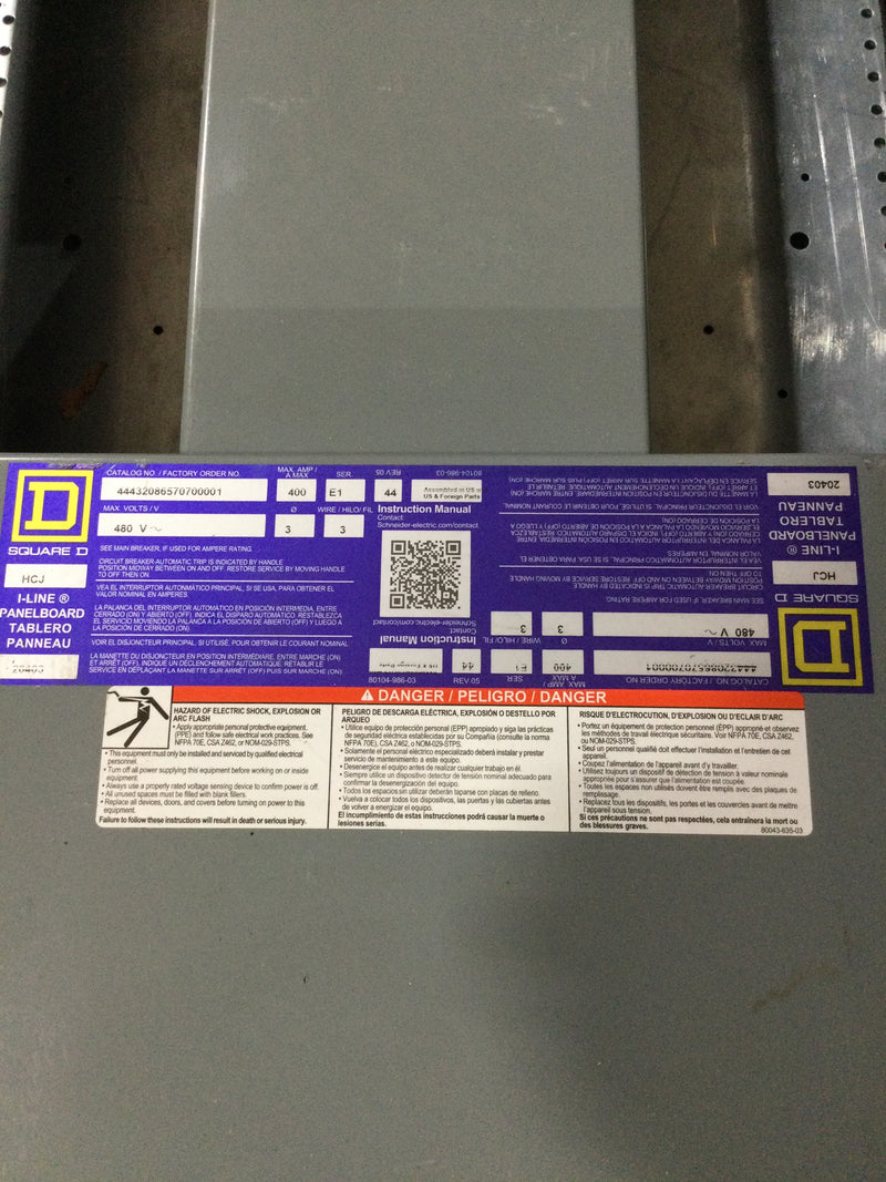 Square D 400 Amp Panel I-line HCJ 480/277V 3 phase MLO Can, Cover and Guts Series E5 44in