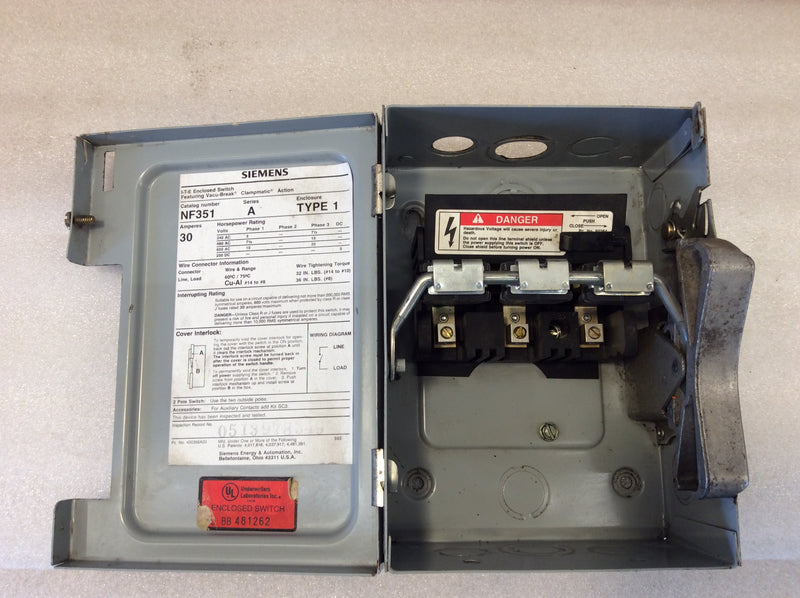 Siemens NF351 3 Phase 30A 600VAC Heavy Duty Enclosed Safety Switch Type 1 Enclosure