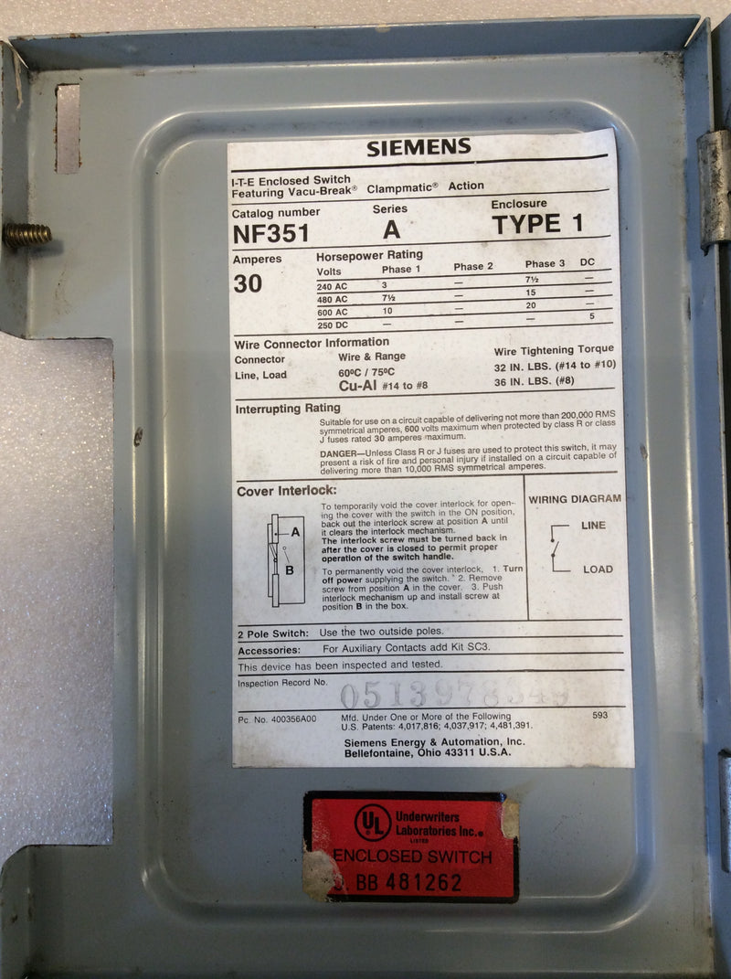 Siemens NF351 3 Phase 30A 600VAC Heavy Duty Enclosed Safety Switch Type 1 Enclosure