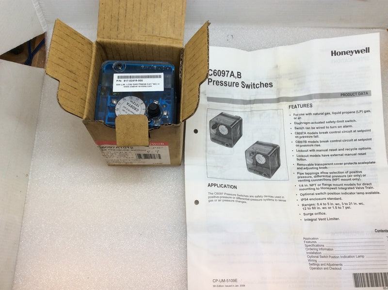 Honeywell C6097A1012 Low Gas Pressure Switch 3.0FLA 18.0LRA 5,0 Resistive 120/240VAC 50/60Hz (New In Box)