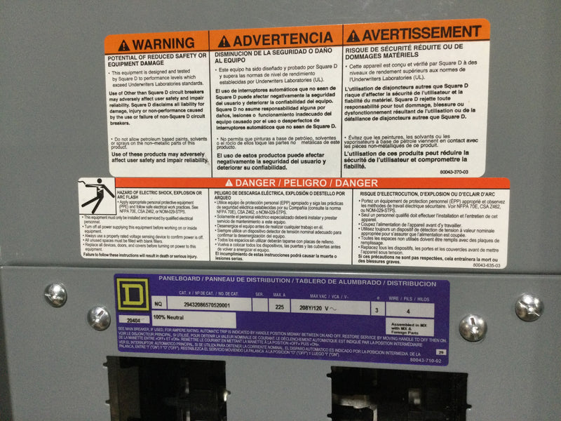 Square D NQOB NQ302L2C MLO Panelboard 225 Amp 208y/120v 3 Phase 4 Wire Panel 30 Ckt complete with cover