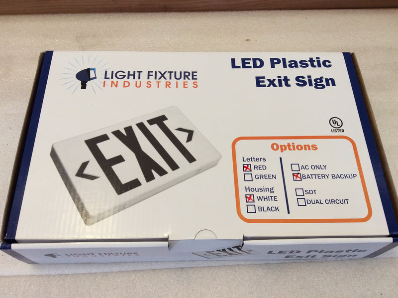 Light Fixture Industries LEDRBB White Plastic LED Exit Sign Red Lettering 120/240VAC With Battery Back-Up (New)