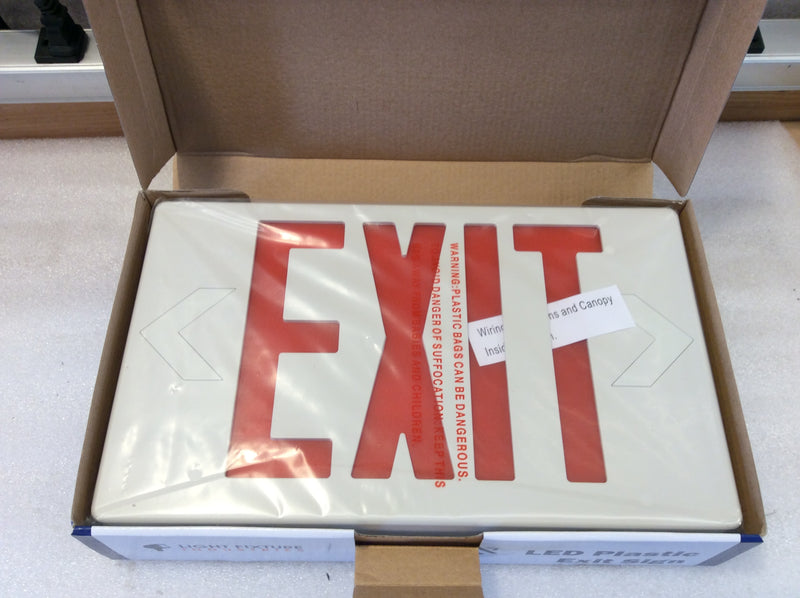 Light Fixture Industries LEDRBB White Plastic LED Exit Sign Red Lettering 120/240VAC With Battery Back-Up (New)