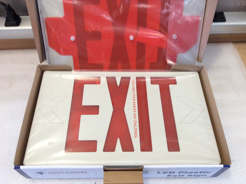 Light Fixture Industries LEDRBB White Plastic LED Exit Sign Red Lettering 120/240VAC With Battery Back-Up (New)