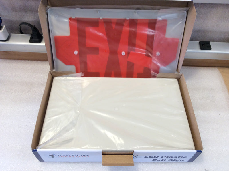 Light Fixture Industries LEDRBB White Plastic LED Exit Sign Red Lettering 120/240VAC With Battery Back-Up (New)