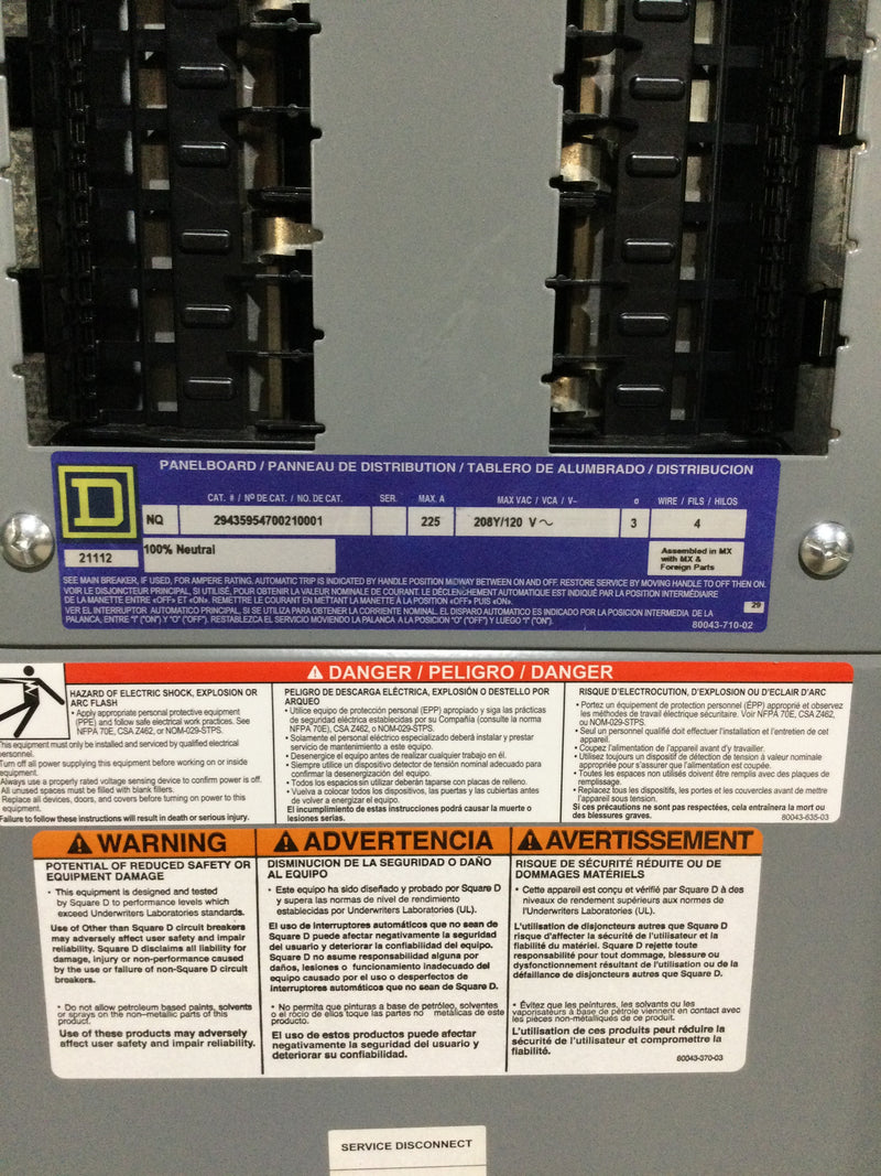 Square D NQ430L2C14 3 Phase 225A 30 Circuit 208Y/120V Interior MH50BE Can With Dead Front And NC-32S Cover