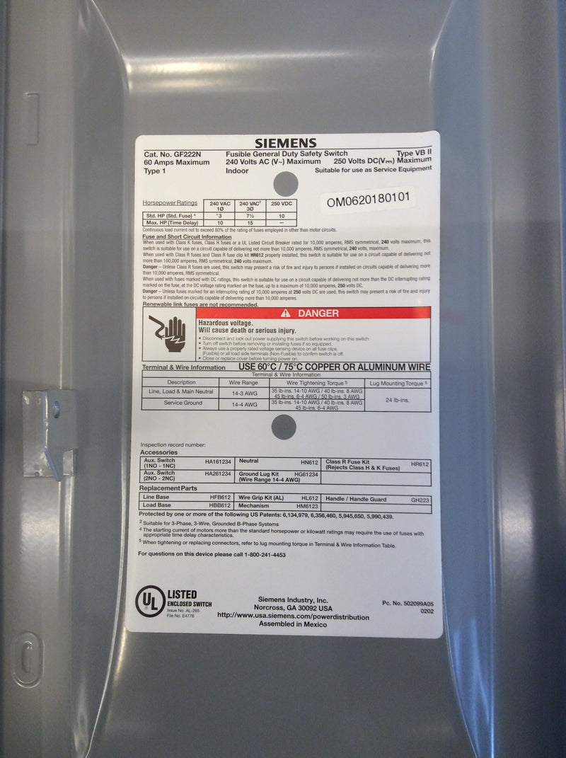 Siemens GF222N 60A 240V Single Phase Nema1 Fusible Safety Switch (New)