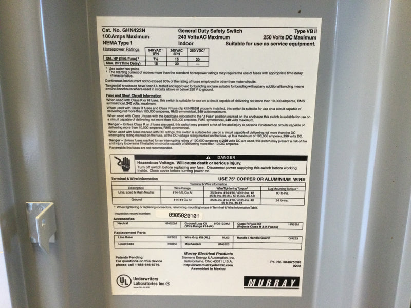 Murray GHN423N General Duty Safety Switch 100 Amp 240v 3 Pole 4W Fused GD Type 1