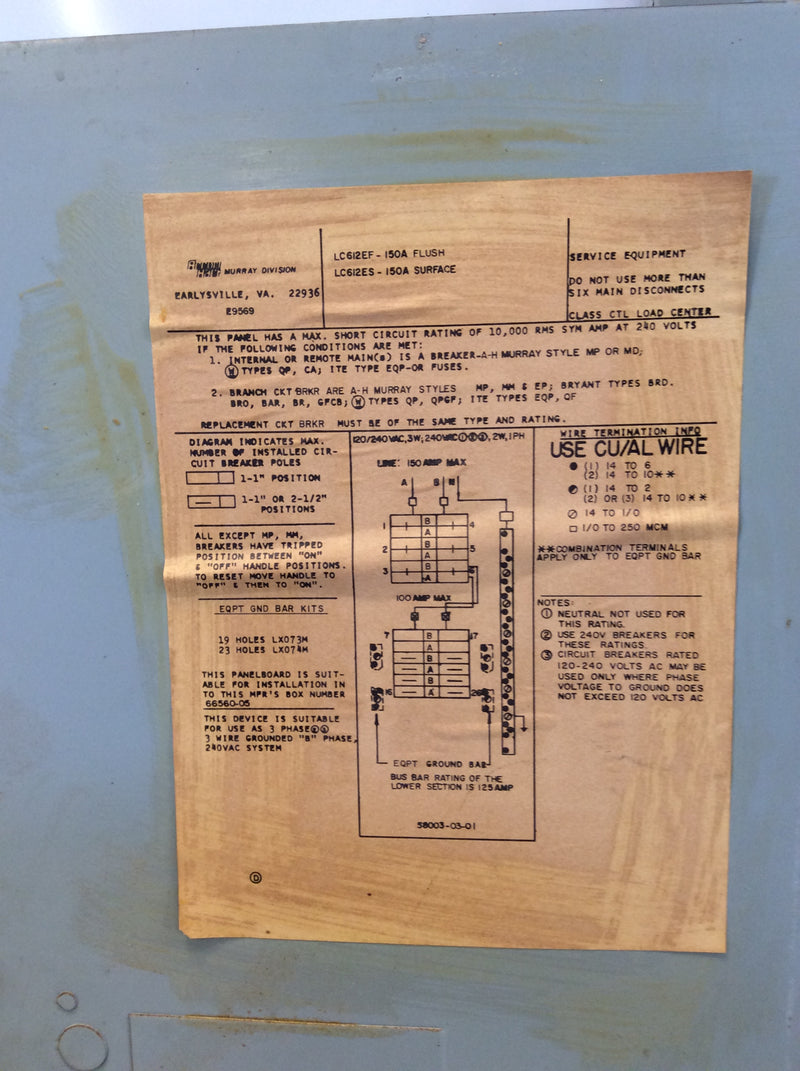 Arrow Hart Murray LC612EF/ES 150 Amp 3 Phase 3 Wire 120/240v Load Center Cover/Door Only