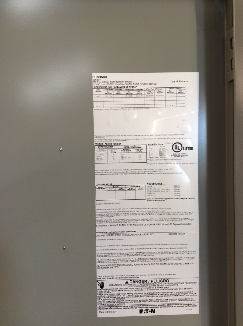 Eaton/Cutler-Hammer DH224NRK Single Phase 200A 240VAC Series A Nema3R Fusible HD Safety Switch (New Open Box)