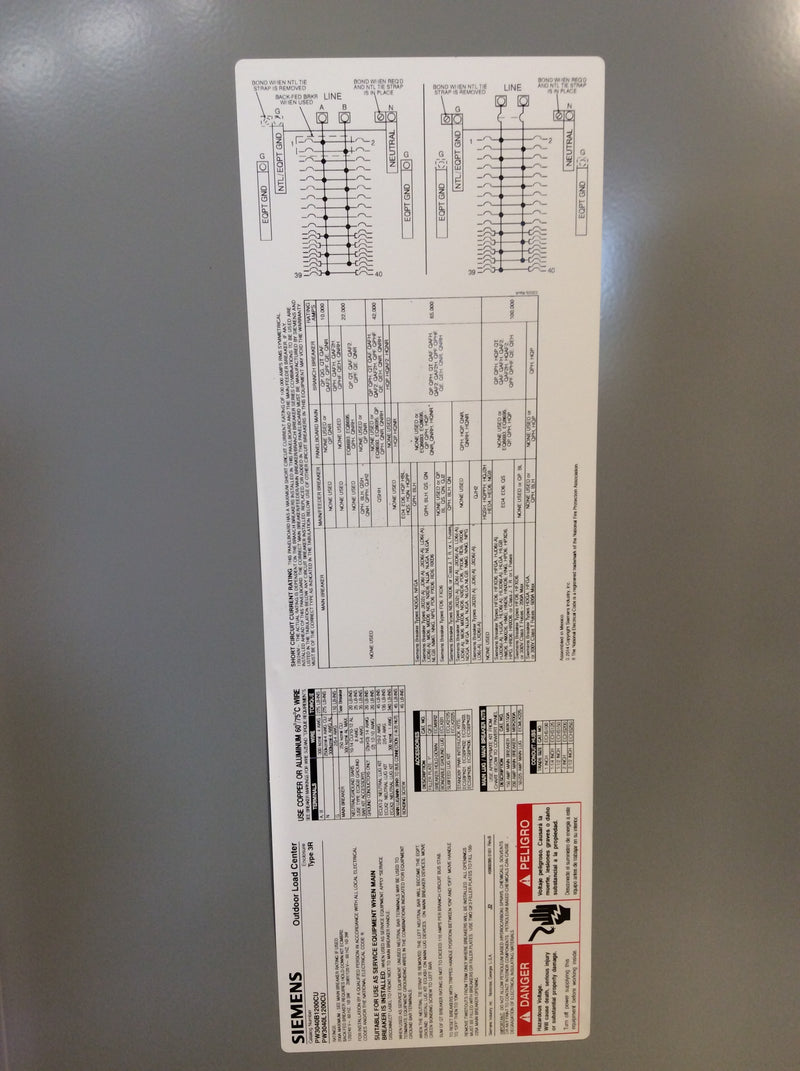 Siemens PW3040B1200CU/PW3040L1200CU Single Phase 200A 120/240V Nema3R Load Center