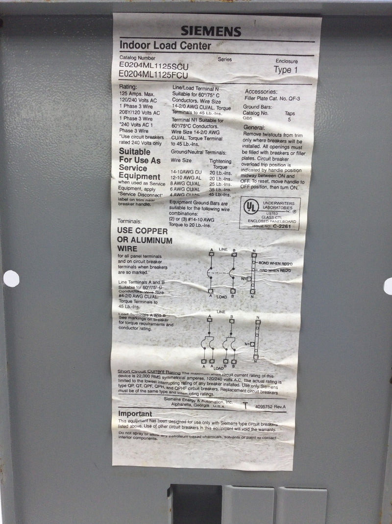 Siemens Indoor Load Center E0204ML1125SCU/E0204ML1125FCU 125Amps Max 120/240V