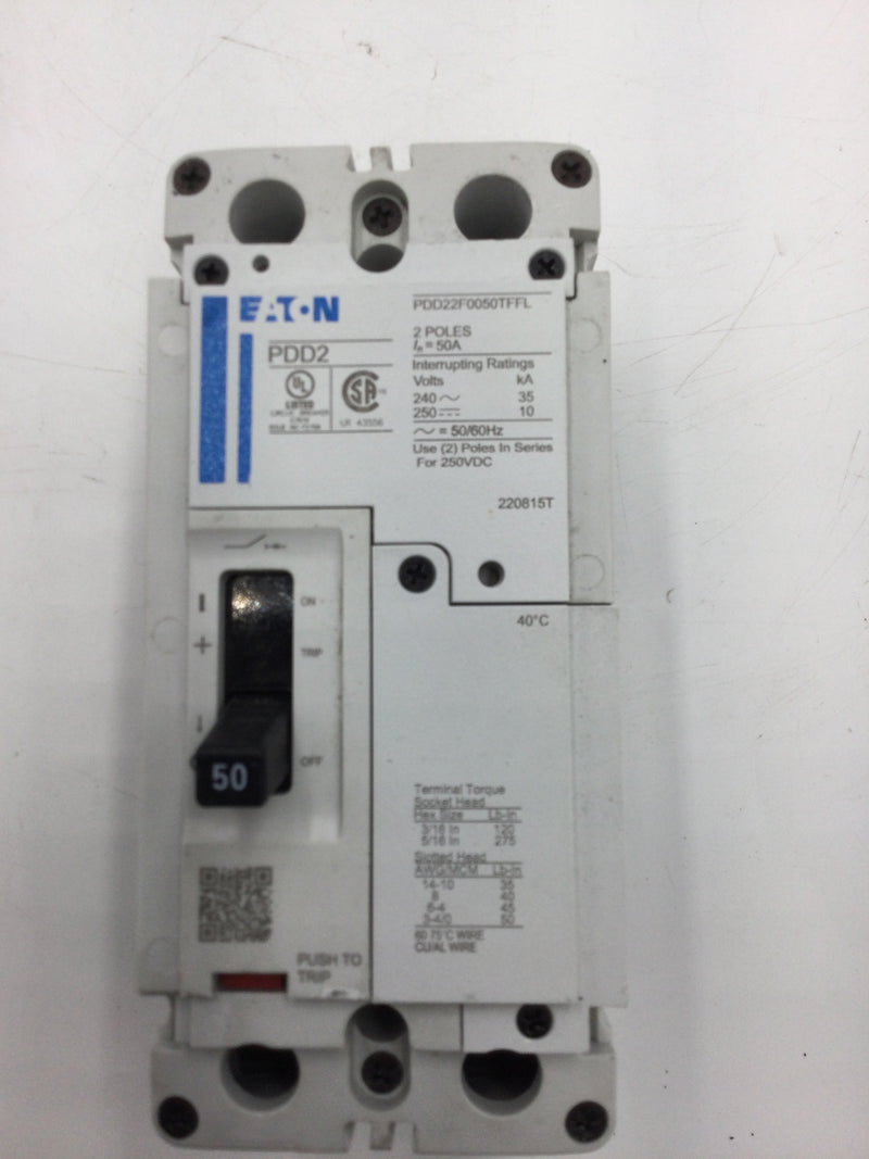 Eaton Cutler Hammer, PDD22F0050TFFL 50 Amp 2 Pole Breaker PRL4 Panel Series