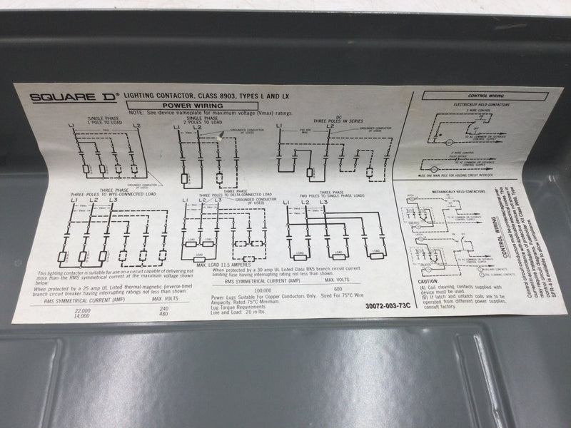 Square D 8903 LXG80 Nema 1 8 Pole 120V Coil Lighting Contactor