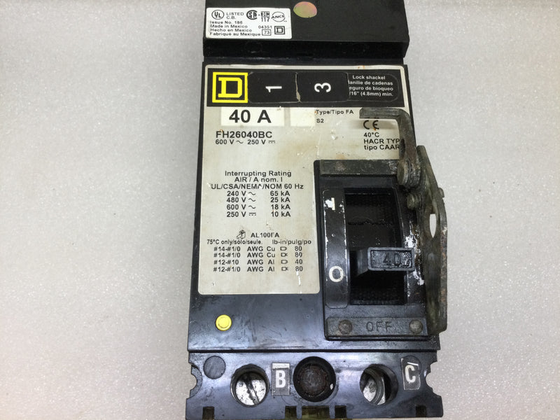 Square D FH26040BC 40 Amp 2 Pole 240/600v I Line Circuit Breaker