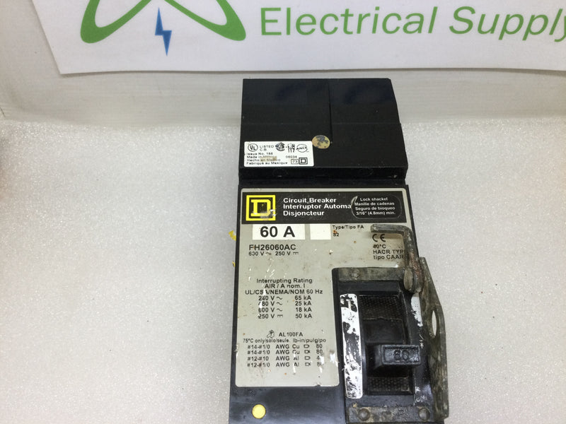 Square D FH26060AC 60 Amp 2 Pole 600v I Line Circuit Breaker