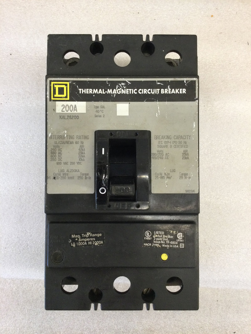 Square D KAL26200 600VAC 200A Type KAL Circuit Breaker 2 Pole Single Phase Feed Thru Circuit Breaker