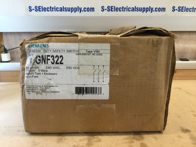 Siemens Gnf322 Safety Switch 3p 60a 240v~250vdc Nema Type 1 Non-Fused