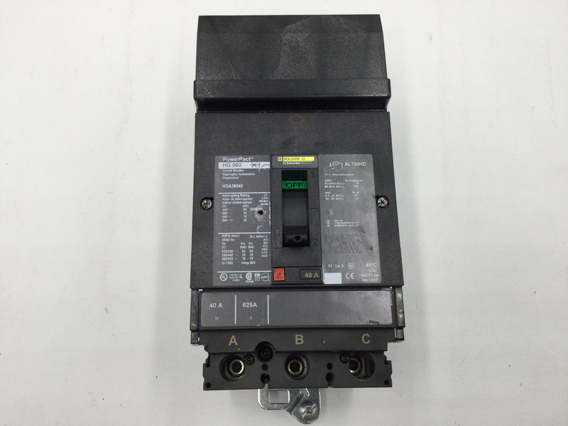 Square D HGA36040 40 Amp 600V 3 Pole Powerpact I-Line Circuit Breaker