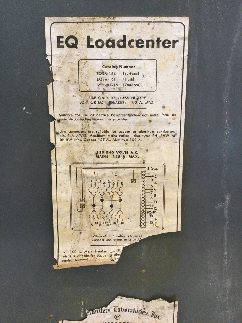 ITE EQBA-16S/F, WEQBA-16;  125 Amp, 120/240V EQ Load Center