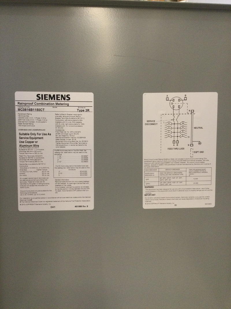 Siemens MC816B1150CT, Single Phase, 150A Continuous, 8 Space/16 Circuit, Meter/Main Breaker Combo, Includes EQ9683 150A Main Breaker