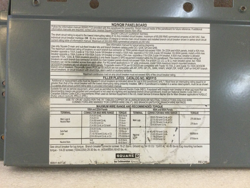 Square D Type NQ/NQM Panel Board Dead Front Top Piece ONLY 7" x 12.25"