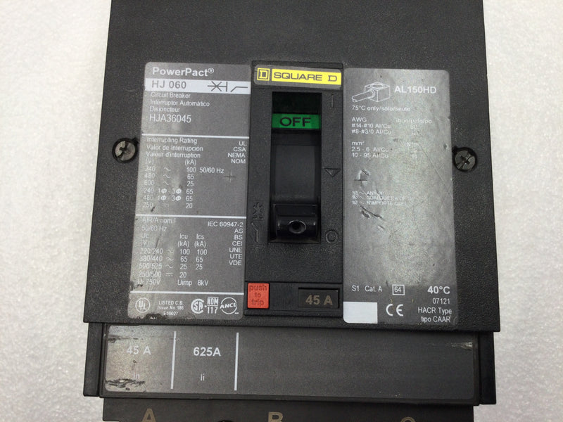 Square D HJA36045 3 Pole 45 Amp 600V HJ 060 PowerPact Circuit Breaker