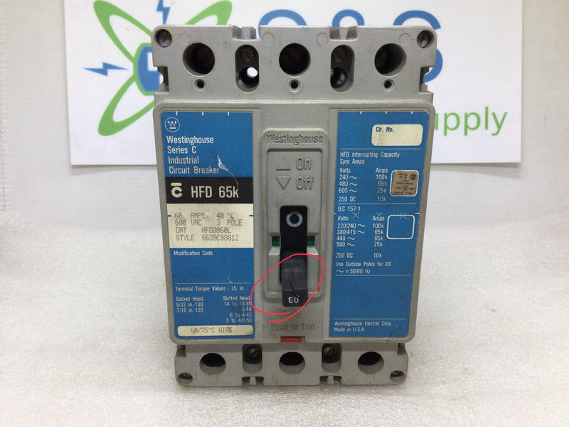 Westinghouse Hfd3060l Molded Case Circuit Breaker 3-Pole 60a 600v 250vdc