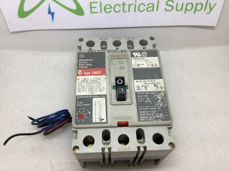 Westinghouse HMCP003A0CX 3 Amp 600V 250VDC 3-Pole Series C Circuit Breaker