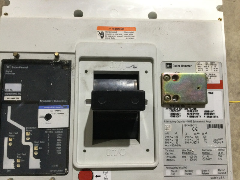 Eaton/Cutler-Hammer RD316T36W Equipped with RES1600SIG DigiTrip 310 Trip Unit 1600A 480Y/277V