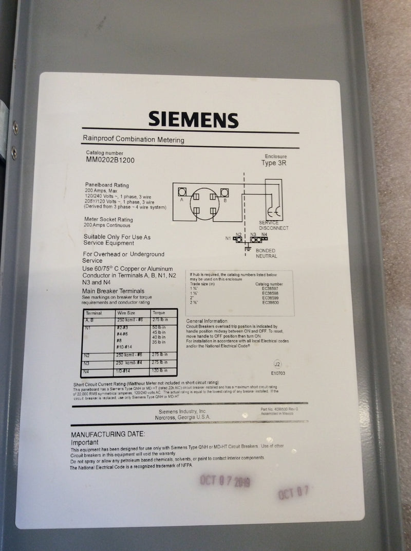 Siemens MM0202B1200 Single Phase 200A 120/240VAC Nema3R Rainproof Combination Meter/Main