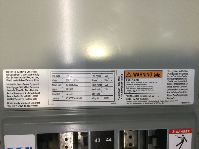 Eaton/Cutler-Hammer PRL1A; 225A, 3 Phase, 208Y/120V, Box Type 1, (20 1/2" x 60") New Open Box