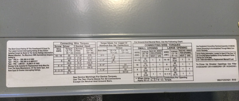 Eaton/Cutler-Hammer PRL1A; 225A, 3 Phase, 208Y/120V, Box Type 1, (20 1/2" x 60") New Open Box