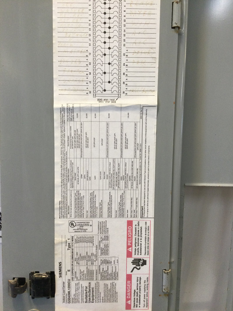 Siemens G3040ML1200CU Panel Cover Only, / Panel Guts Only, 120/240Vac, 200A Max