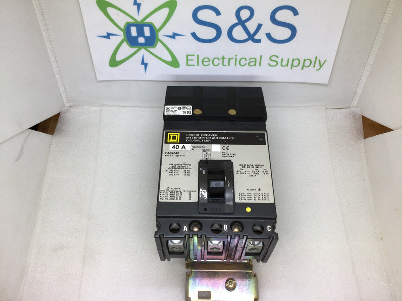 Square D FA34040 40 Amp 3 Pole 480Vac Circuit Breaker