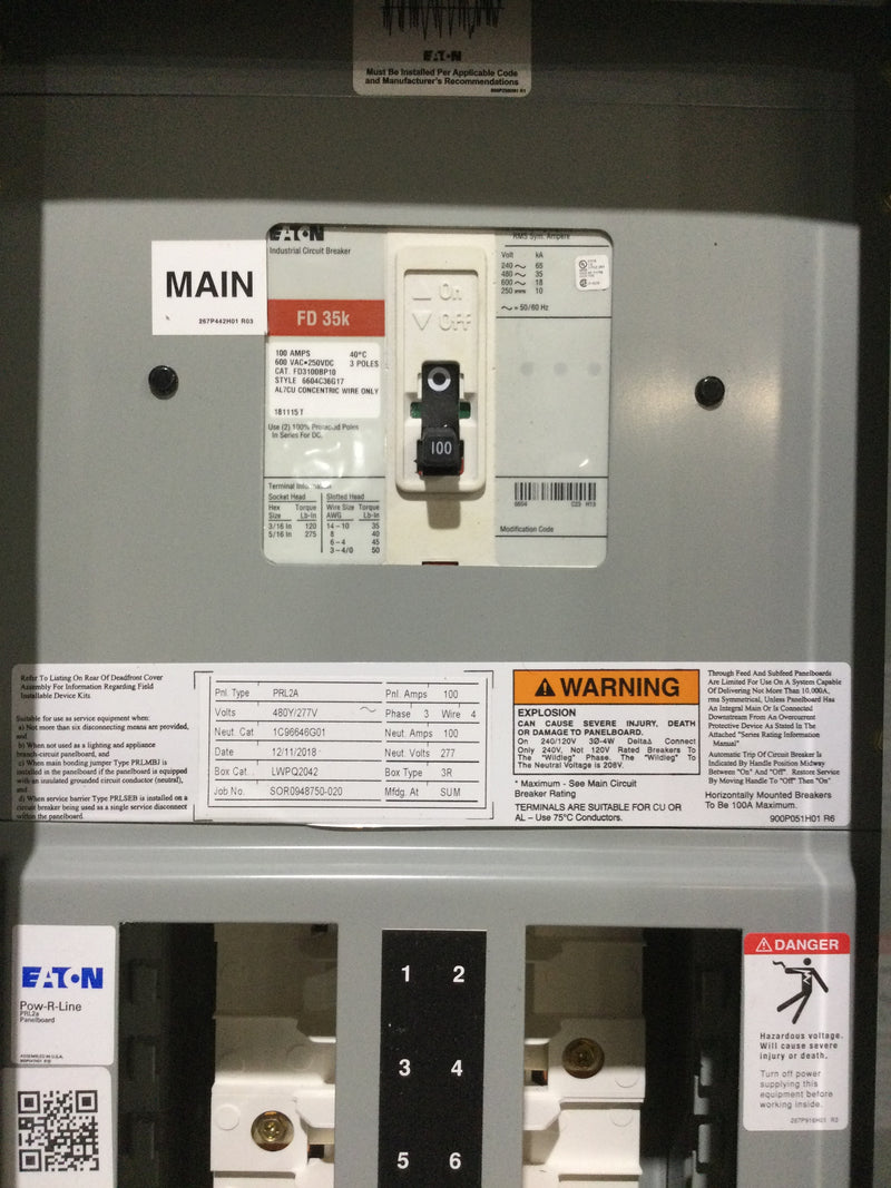 Eaton/Cutler-Hammer (PRL2A/30): 480Y/277V, 100A Main Included, 3Ph/4 Wire, Nema3R, 30 Circuit Panelboard (20 1/2" x 42")