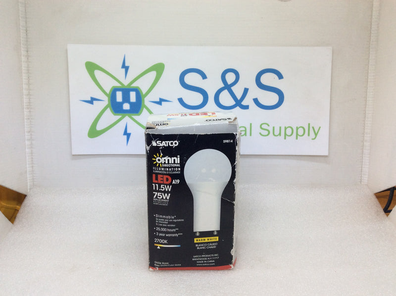 Satco S9814 11.5W LED A19 Style GU24 Base Replaces 75W 27K Dimmable 25,000 Hr Life