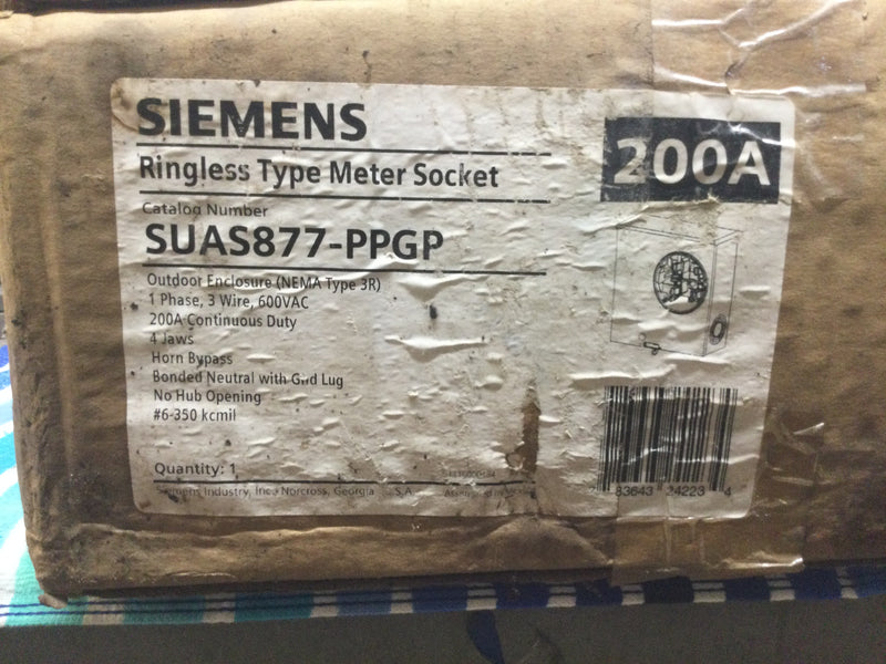 Siemens SUAS877-PPGP; 200 Amp, 1 Phase, 3 Wire Ringless Type Meter Socket Continuous Duty Nema-3r